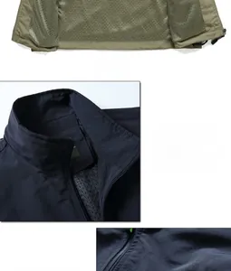 Detail view of navy and khaki vest with breathable mesh lining and stand-up collar