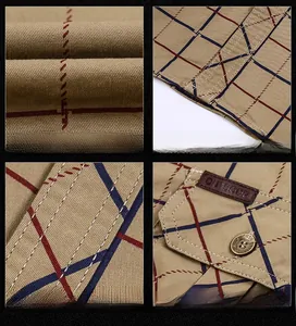 Macro detail of khaki plaid cotton shirt with outdoor leather patch and metal buttons