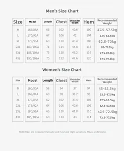 Detailed size chart for men and women's UV protection sun shirts from M to 4XL sizes