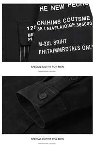 Detail of black cotton cargo shirt showing white letter prints and double-button cuffs