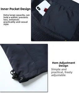 Detail view of functional vest with large interior pocket and adjustable drawstring hem