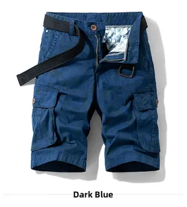 Detailed view of dark blue camouflage cargo shorts with woven belt and utility pockets