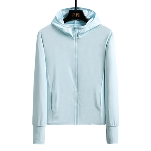 Light blue hooded UV protection sun jacket with breathable fabric for outdoor sports wear