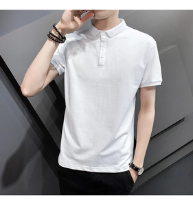 Detail of white cotton polo shirt featuring a classic collar and three-button placket