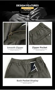 Detail of men's casual pants showing elastic waist, metal zipper, and zip back pocket