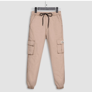 Men's khaki cargo pants with elastic drawstring waist and large side flap pockets
