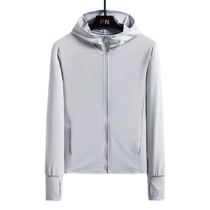 Breathable UV protection ice silk sun jacket with thumb hole cuffs and hood in light grey