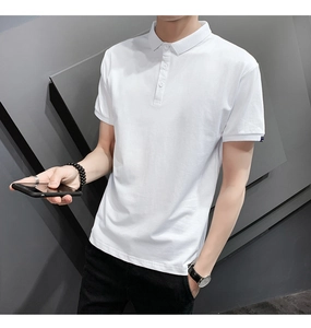 Close-up detail of white short-sleeved polo shirt with three-button placket and rib cuffs