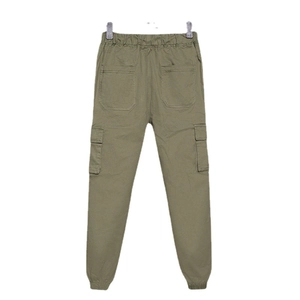 Olive green cargo pants for boys featuring elastic waist and ribbed ankle cuffs