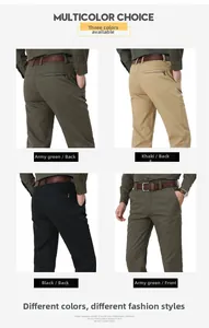 Detail view of men's slim fit casual pants in army green, khaki, and black colors