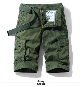 Detail shot of army green camo cargo shorts featuring multi-pockets and fabric belt