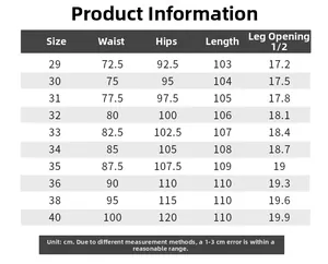 Detailed size chart for men's straight jeans with waist, hip, and length measurements