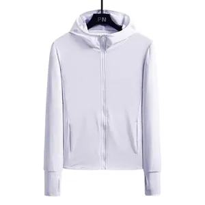 Unisex white ice silk sun protection hoodie with breathable mesh and thumb holes