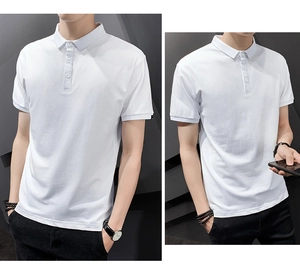 Detail view of a slim fit white men's polo shirt with classic collar and button placket