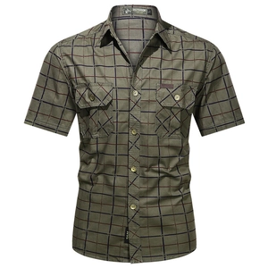 Men Plaid Short Sleeve Shirt Cotton Cargo Style Top Dual Pockets Casual Outdoor Button Down Plaid Shirt For Summer Daily Wear