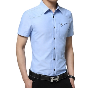 Slim fit men's light blue short sleeve cotton shirt with chest pocket and black buttons