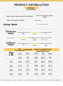 Size chart for men's fleece casual trousers showing L to 5XL dimensions and fabric details