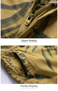 Detail of metal zipper and reinforced rivet pocket on camouflage cargo shorts