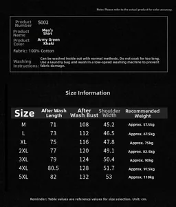 Detailed size guide and cotton fabric care instructions for men's plaid casual shirt