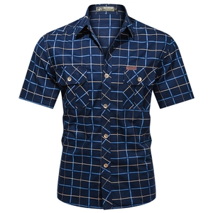 Men's casual cotton plaid short sleeve shirt with utility pockets in navy blue