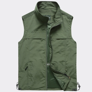Men's olive green outdoor vest with stand collar, zipper pockets and mesh lining