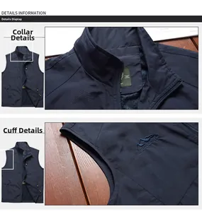 Detail of navy blue outdoor vest featuring standing collar and breathable mesh lining