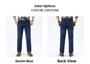 Front and back views of denim blue straight-leg jeans with contrast stitching and brown belt