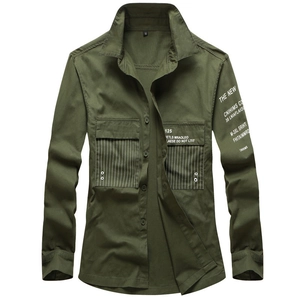Army green long sleeve cargo shirt with dual flap pockets and white striped拼接 details