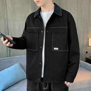 Men Workwear Jacket With Contrast Stitching Lapel Single Breasted Long Sleeve Casual Streetwear Coat For Male Fashion