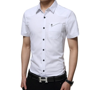 Men's slim fit white short sleeve casual shirt with chest pocket and contrast buttons