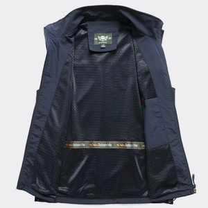 Men's navy casual vest with breathable mesh lining, stand collar and internal pockets