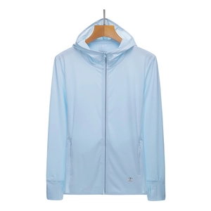 Light blue hooded sun protection jacket with thumb holes and UPF 50+ rating