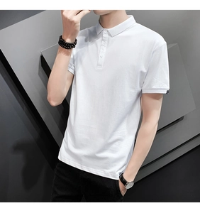 Detail of white cotton Polo shirt with standard lapel and three-button placket