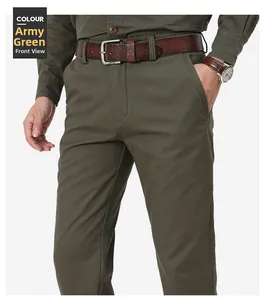 Detailed front view of army green men's casual trousers with brown leather belt