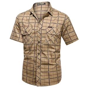Men's khaki plaid short sleeve casual shirt with buttoned flap chest pockets