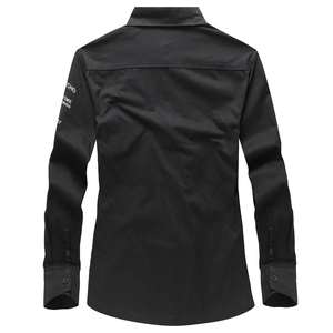 Mens solid black long sleeve military work shirt featuring white graphic print on sleeve