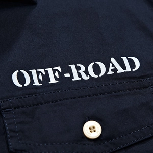 Navy blue military cargo shirt with OFF-ROAD print and tactical chest pocket detail