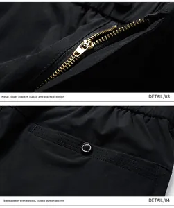 Détails de la braguette zippée en métal et de la poche arrière boutonnée du short noir
