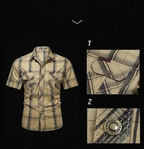 Detail of cotton plaid work shirt showing double chest pockets and metal buttons