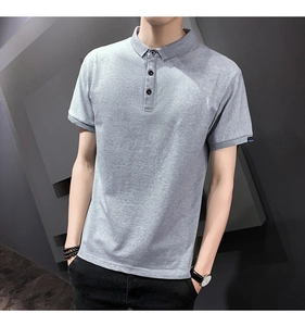 Detail of light gray melange polo shirt showing three-button placket and fabric texture