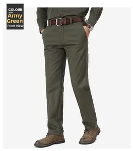 Front detail of men's straight-leg military green casual pants in cotton twill fabric