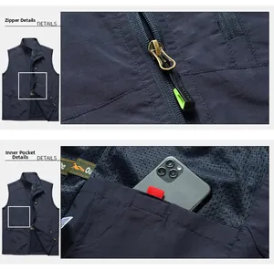 Detail of navy blue outdoor vest featuring durable metal zipper and large inner pocket
