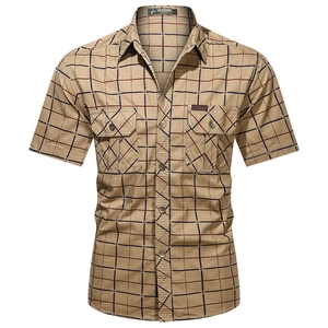 Men's khaki plaid short sleeve casual shirt with dual buttoned utility chest pockets