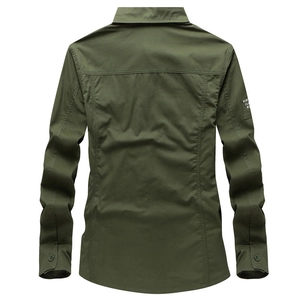 Army green long-sleeve cargo shirt with back stitching and sleeve patch detail