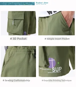 Detail view of military green cargo shorts featuring large pockets and precision stitching