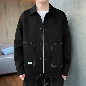 Vintage Japanese style men's black utility jacket with multi-pocket and lapel design