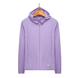 Purple UPF 50+ lightweight sun protection jacket with hood and thumbholes