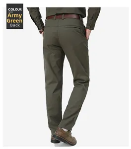 Men's slim fit straight casual pants in army green with back zip pocket and woven belt