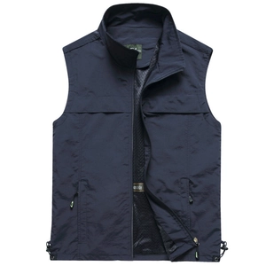 Navy blue men's lightweight vest with stand collar, breathable mesh lining and pockets