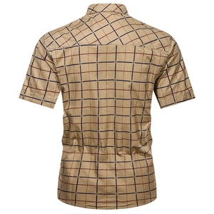 Men's casual short sleeve cotton plaid shirt featuring a khaki grid pattern in loose fit